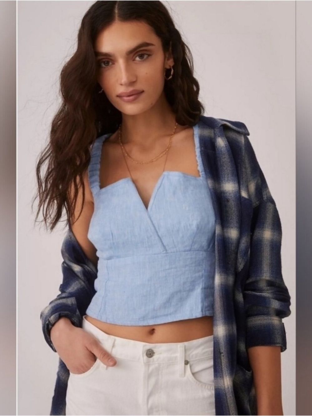 Anthropologie Linen Corset Top in Light Blue, Size Large